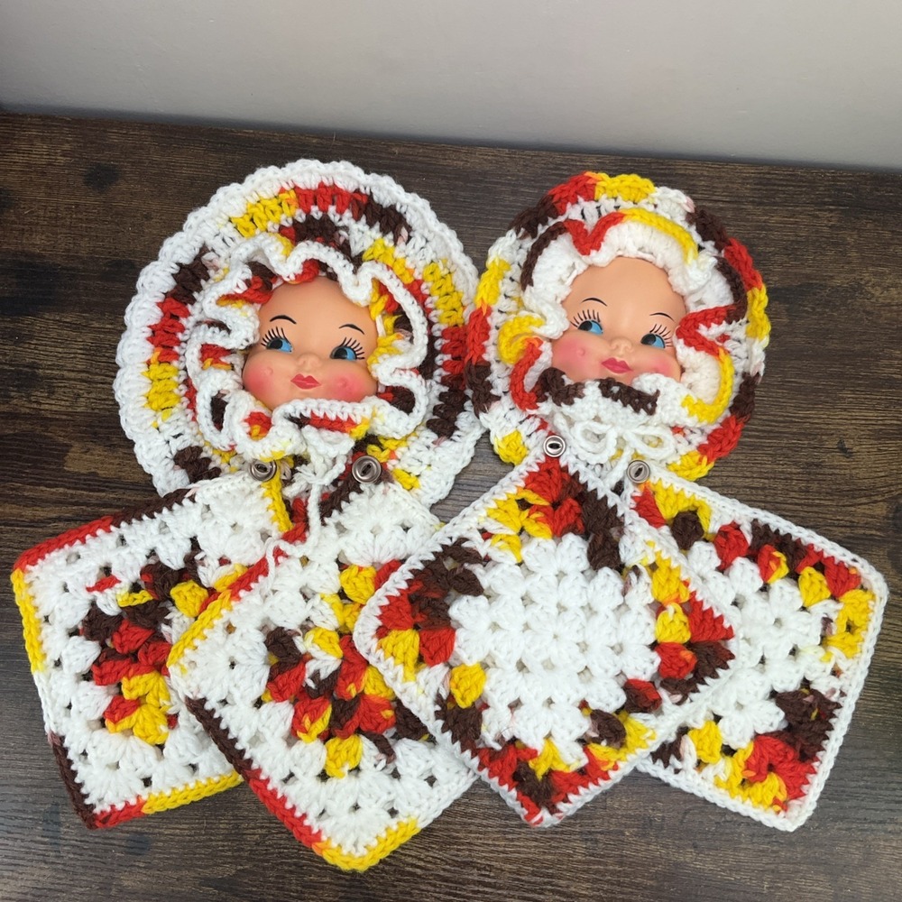 Two Hand Crochet Baby Face with Two Pot Holders Vintage Kitchen Decor